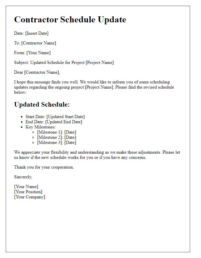 Letter template of scheduling updates for contractors