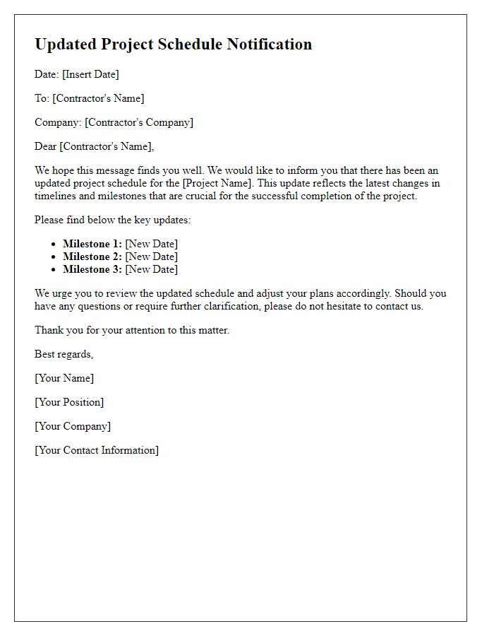 Letter template of updated project schedule for contractor reference