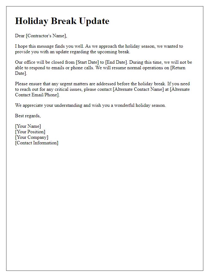 Letter template of contractor holiday break update