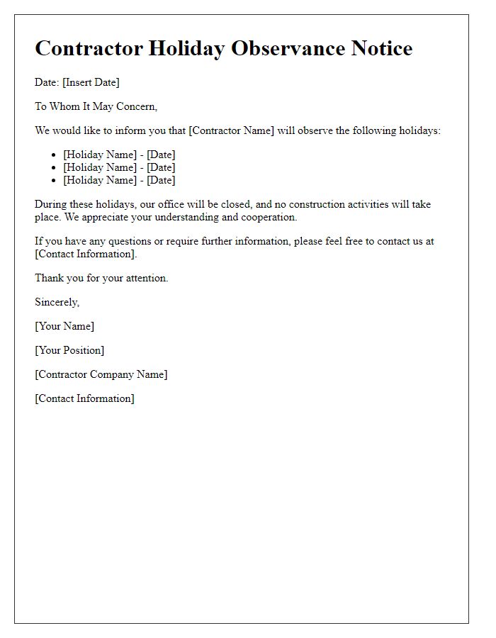 Letter template of contractor holiday observance notice