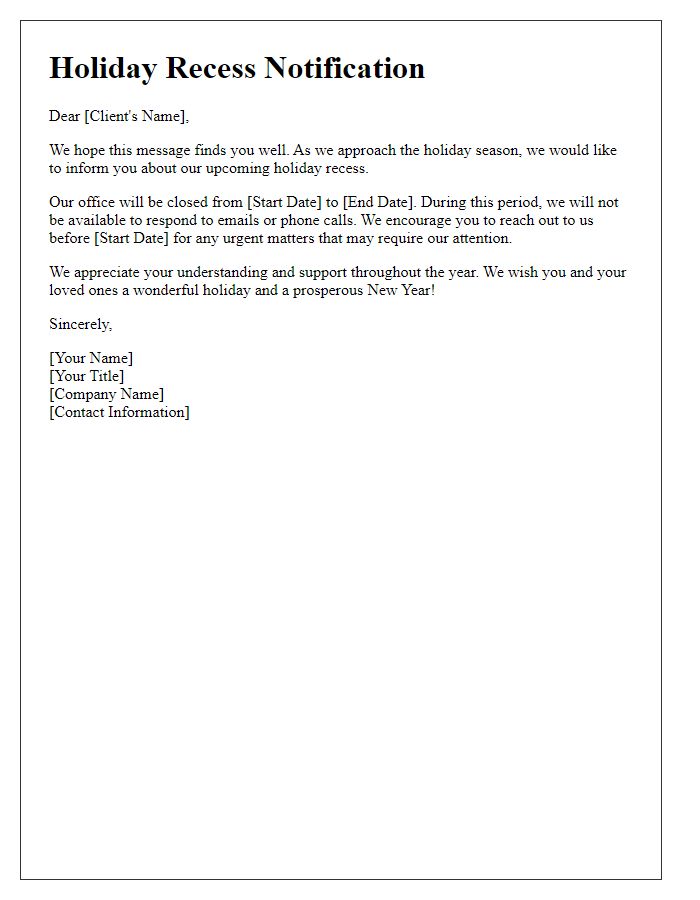 Letter template of contractor holiday recess communication