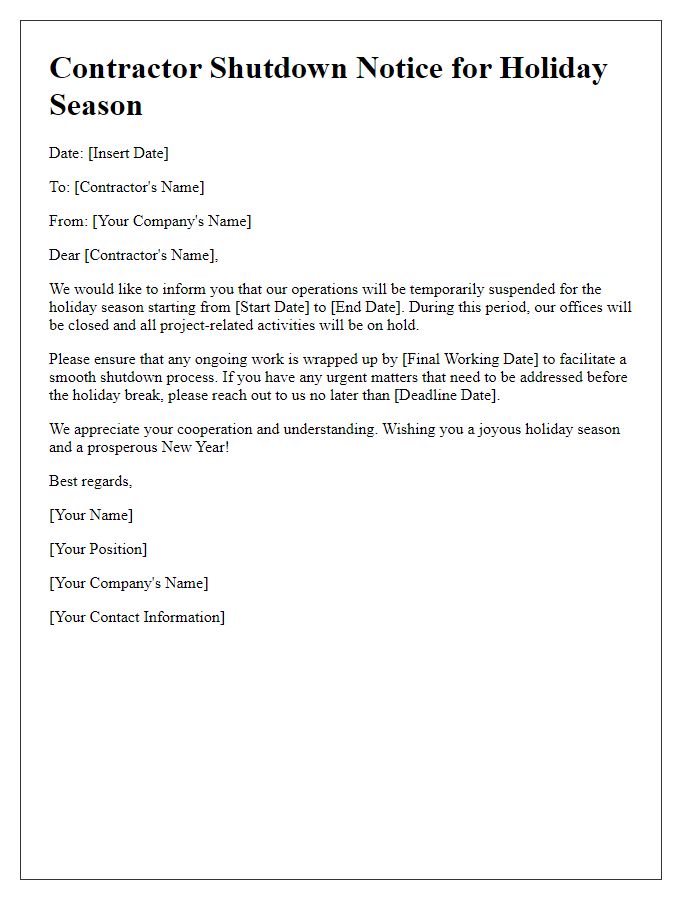 Letter template of contractor shutdown for holiday season