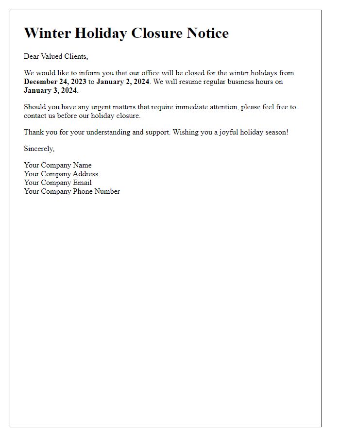 Letter template of contractor winter holiday closure