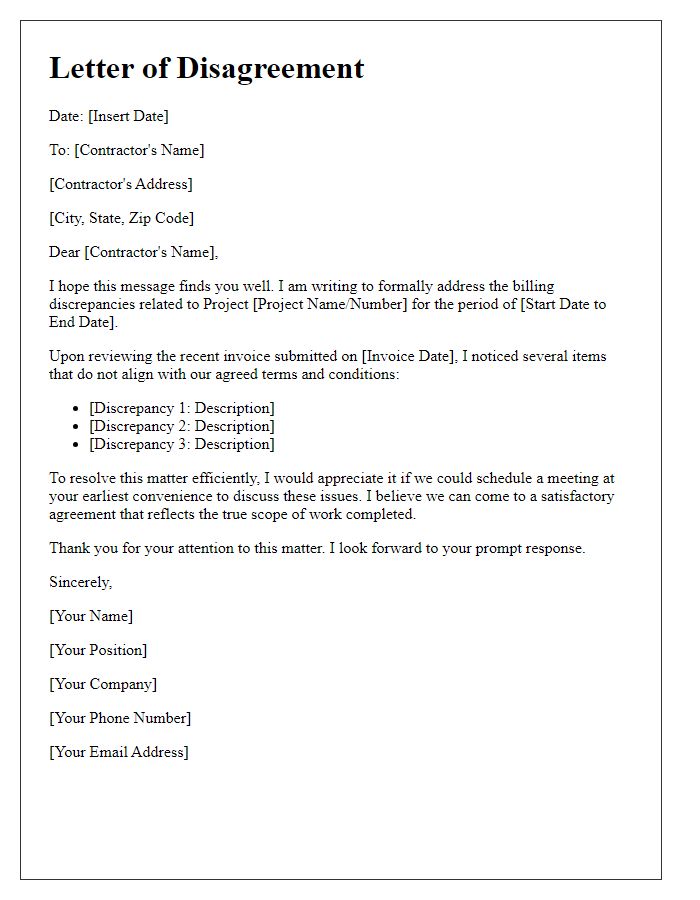 Letter template of contractor billing disagreement resolution