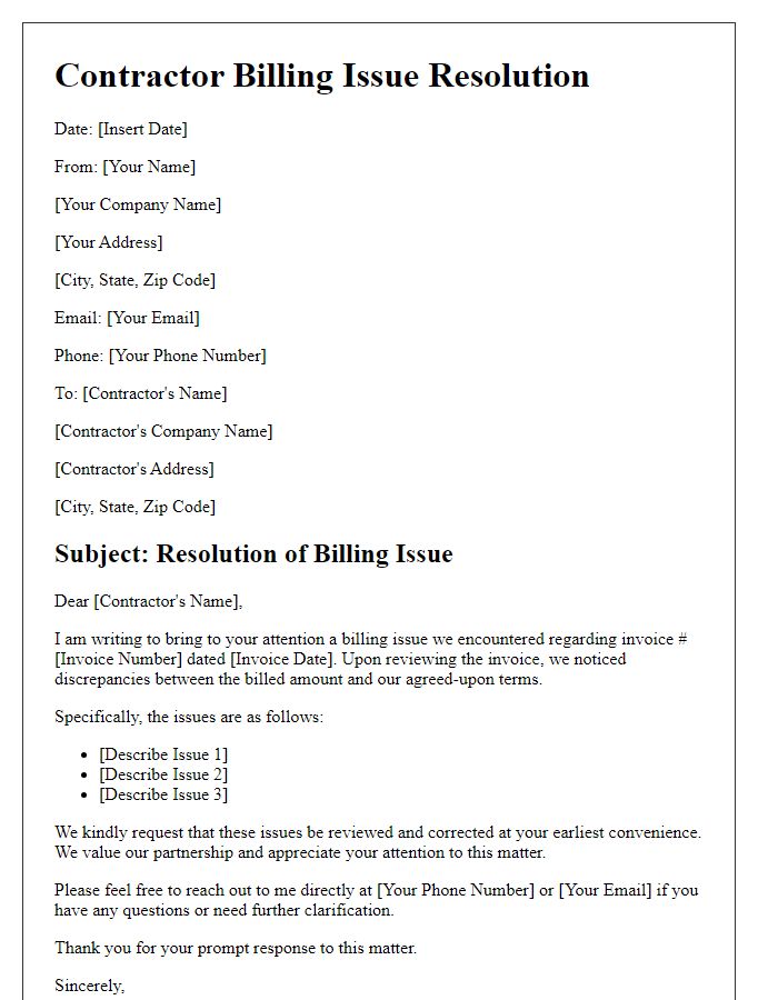 Letter template of contractor billing issue resolution