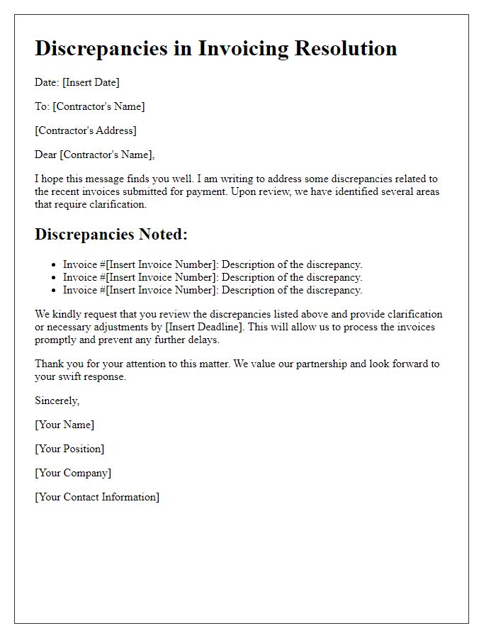 Letter template of contractor discrepancies in invoicing resolution