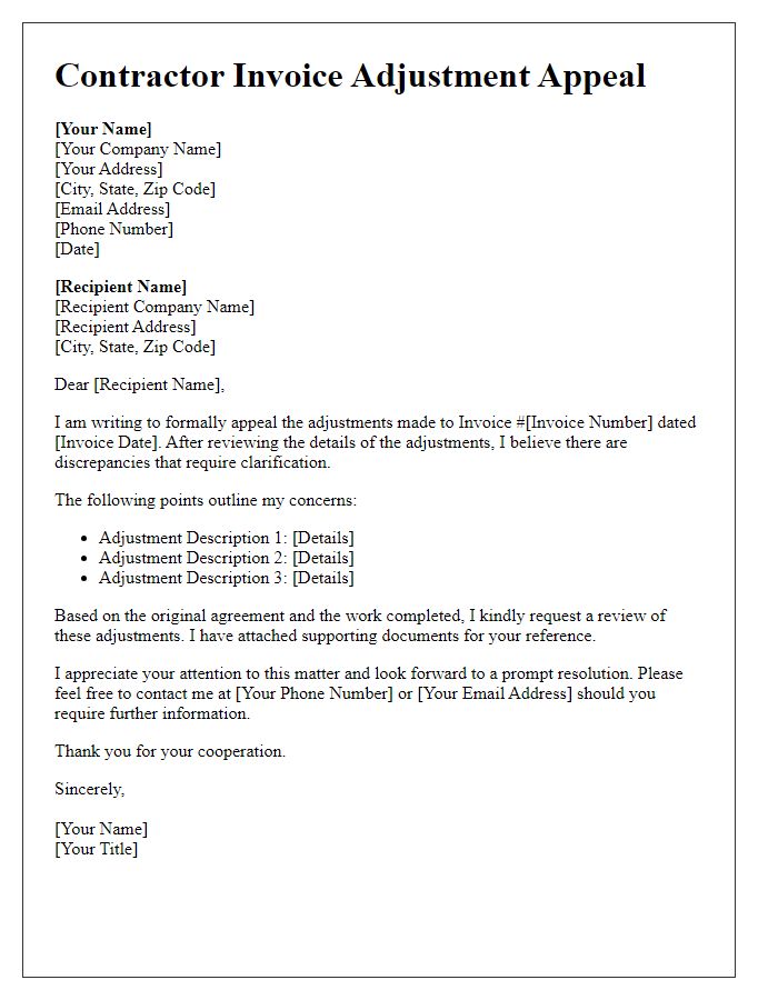 Letter template of contractor invoice adjustment appeal