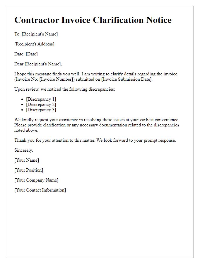 Letter template of contractor invoice clarification notice