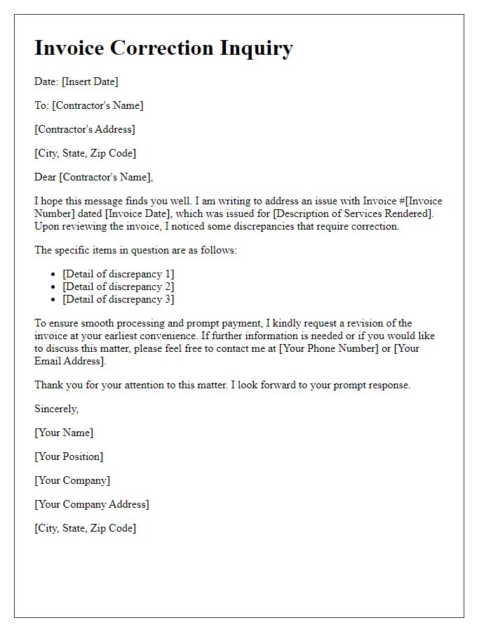 Letter template of contractor invoice correction inquiry