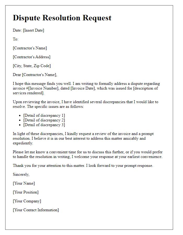 Letter template of contractor invoice dispute resolution request