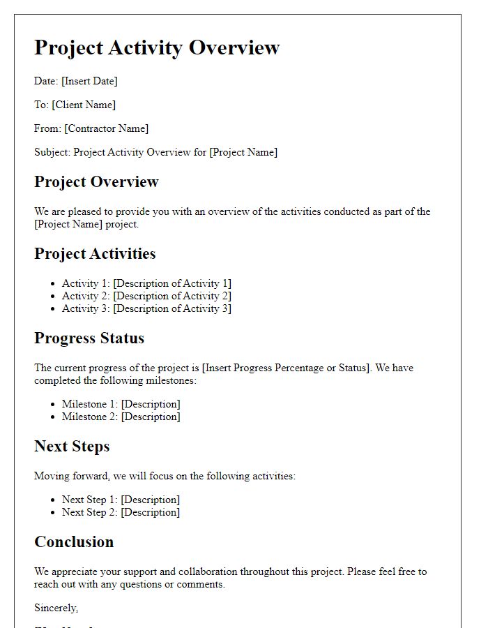 Letter template of contractor project activity overview