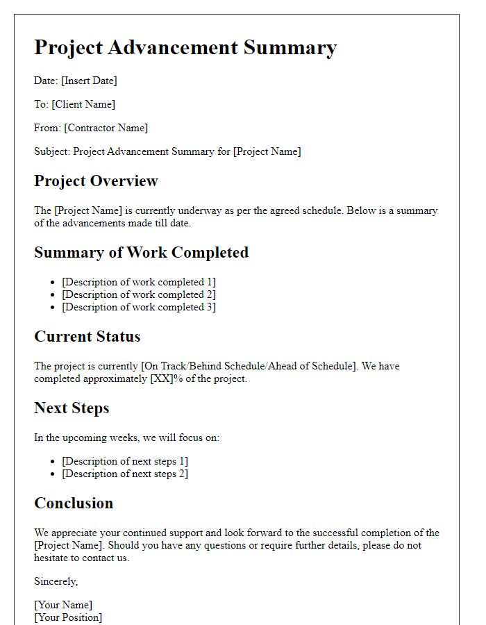 Letter template of contractor project advancement summary