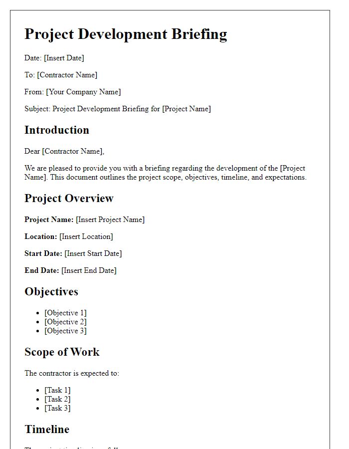 Letter template of contractor project development briefing