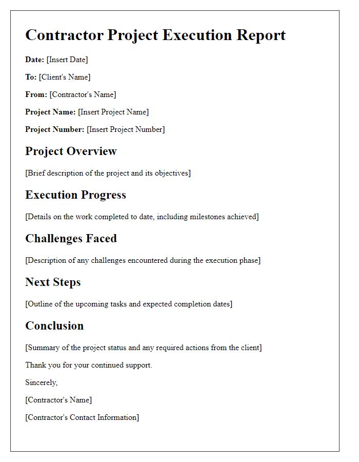 Letter template of contractor project execution report