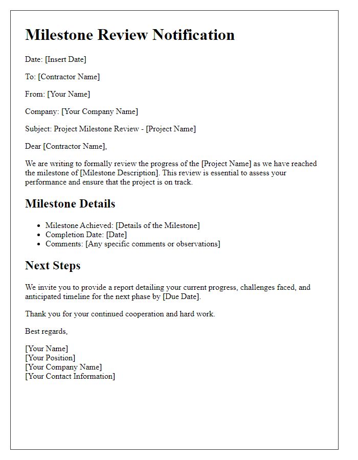 Letter template of contractor project milestone review