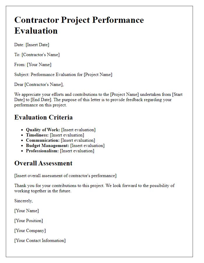 Letter template of contractor project performance evaluation