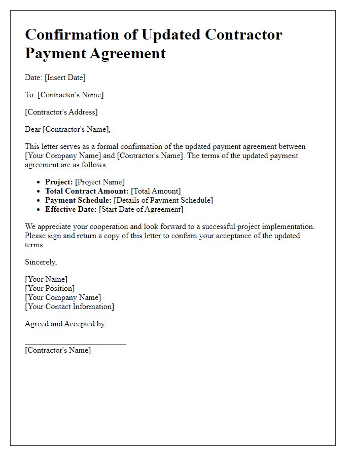 Letter template of confirmation for updated contractor payment agreements.