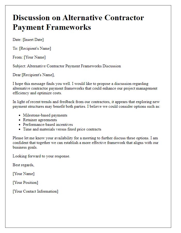 Letter template of discussion on alternative contractor payment frameworks.