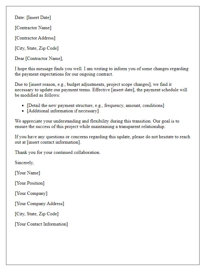 Letter template of explanation for changing contractor payment expectations.