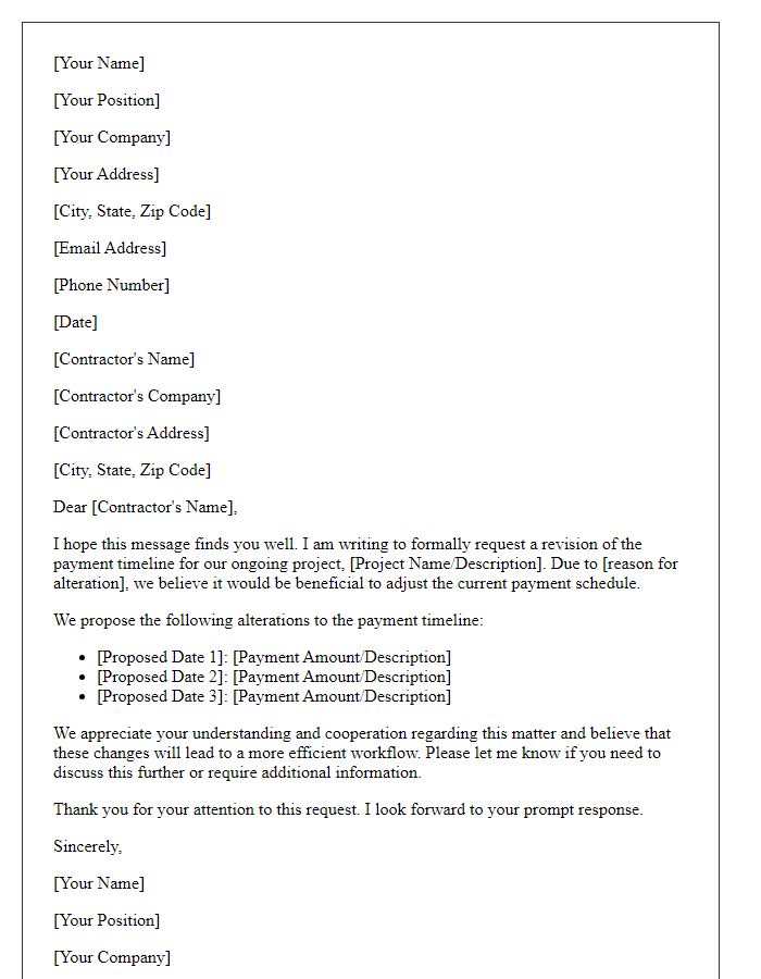 Letter template of formal request for contractor payment timeline alteration.