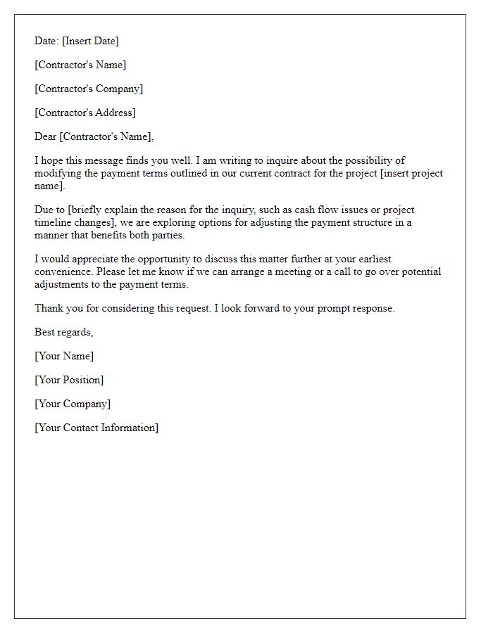 Letter template of inquiry regarding modification of contractor payment terms.