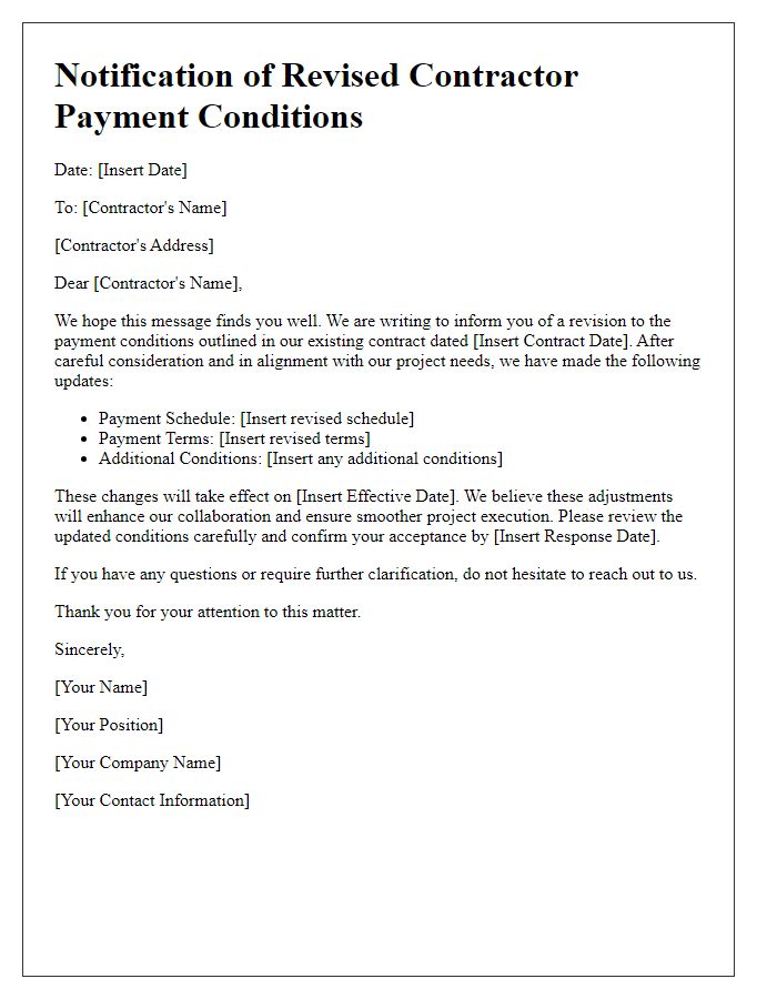 Letter template of notification for revised contractor payment conditions.