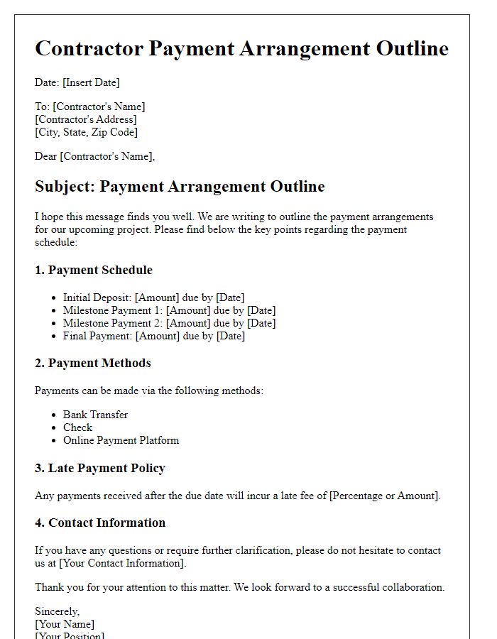 Letter template of outline for new contractor payment arrangements.