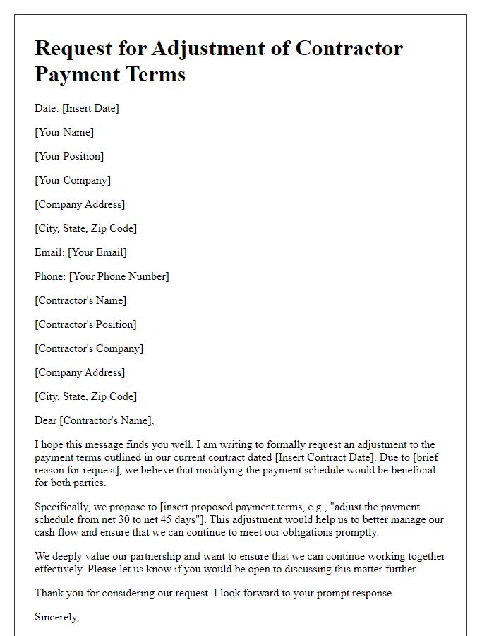 Letter template of request for adjustment of contractor payment terms.