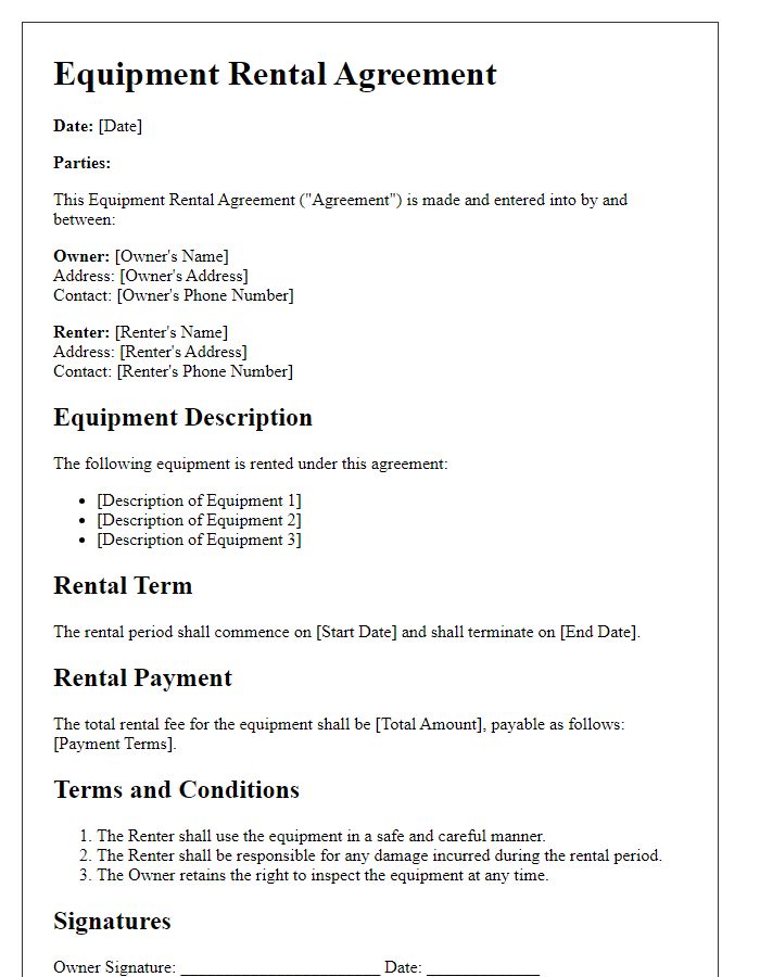 Letter template of contractor equipment rental agreement for commercial use