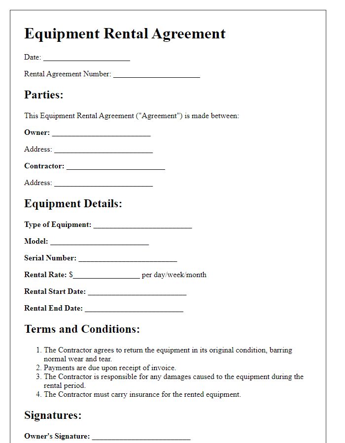 Letter template of contractor equipment rental agreement for construction machinery