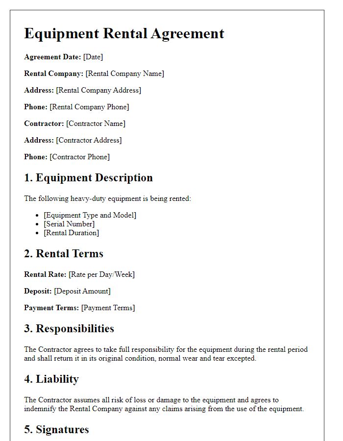 Letter template of contractor equipment rental agreement for heavy-duty equipment