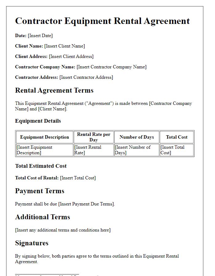 Letter template of contractor equipment rental agreement including pricing structure