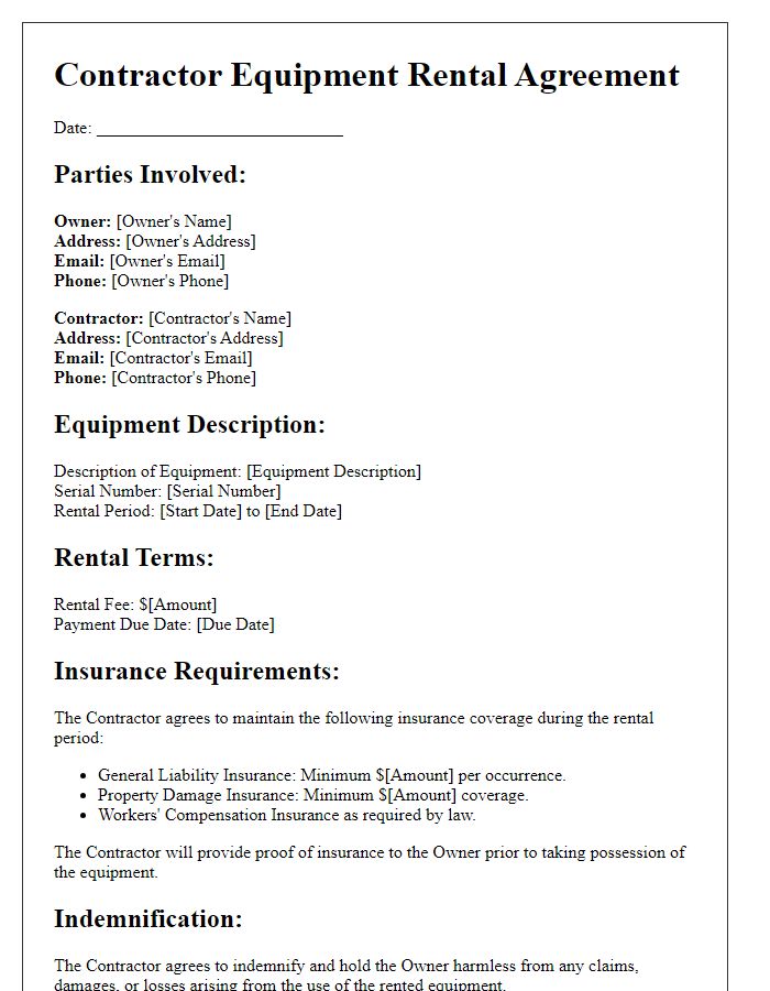 Letter template of contractor equipment rental agreement with insurance requirements