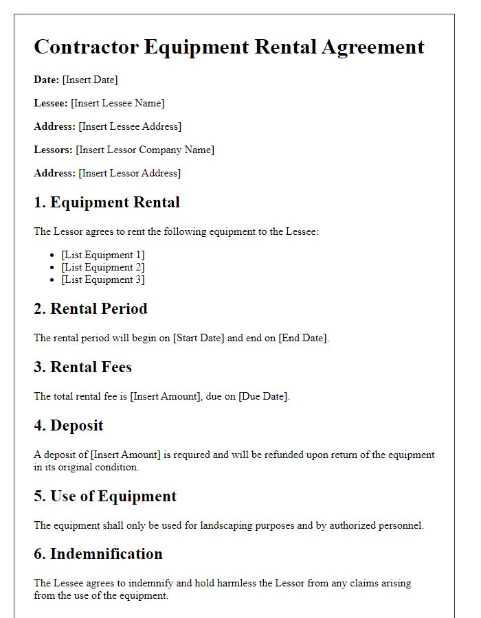 Letter template of contractor equipment rental agreement for landscaping tools