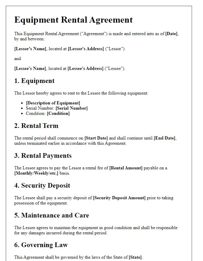 Letter template of contractor equipment rental agreement for long-term rentals