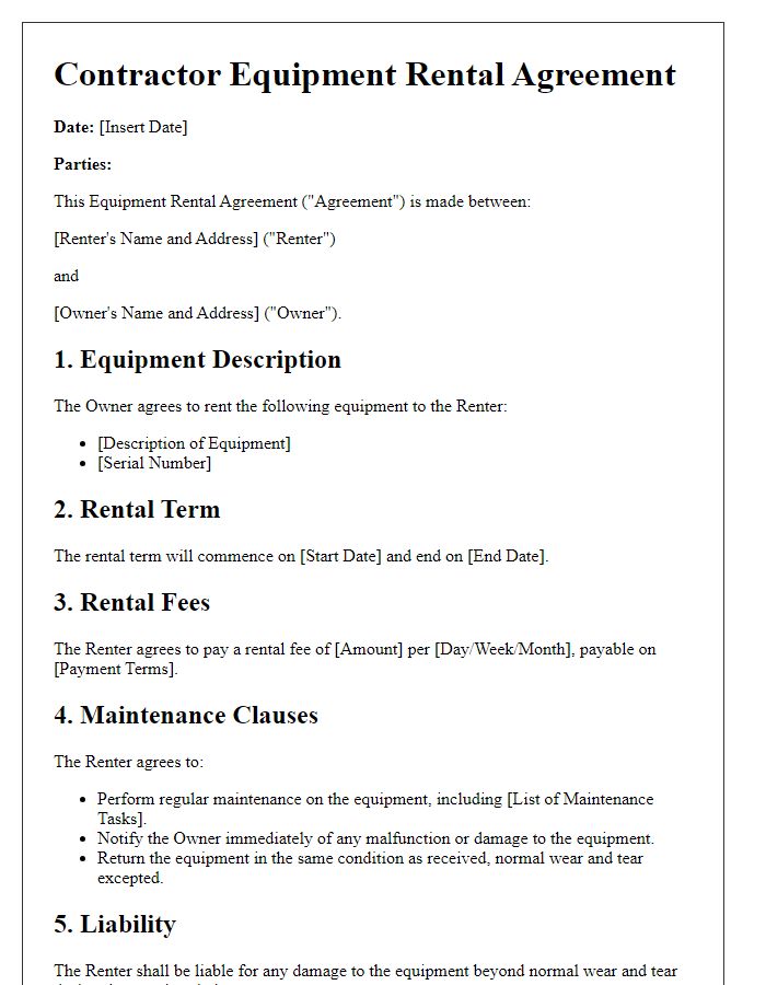 Letter template of contractor equipment rental agreement with maintenance clauses