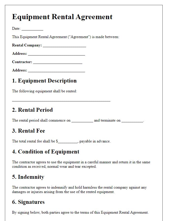 Letter template of contractor equipment rental agreement for short-term projects