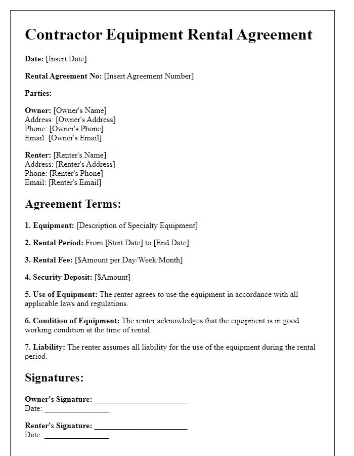 Letter template of contractor equipment rental agreement for specialty equipment