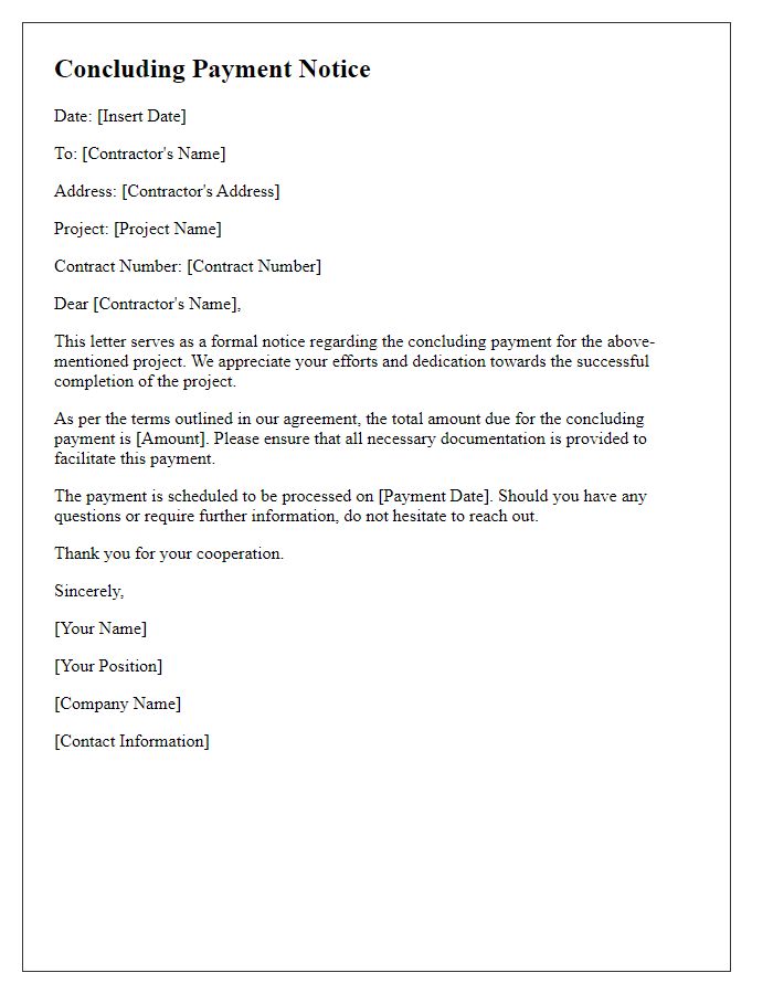 Letter template of concluding payment notice for contractor project.