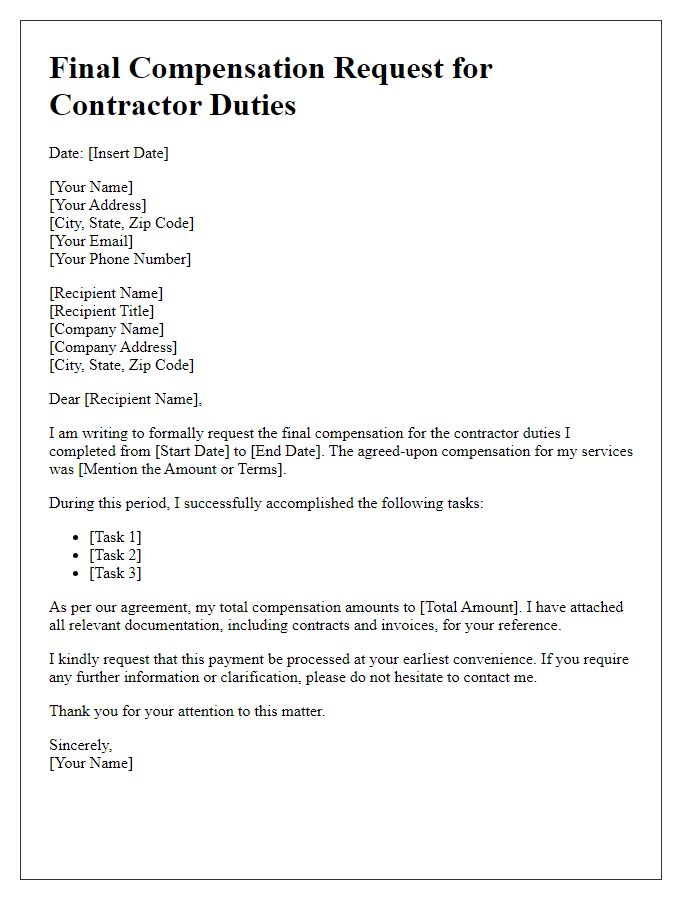 Letter template of final compensation request for contractor duties.