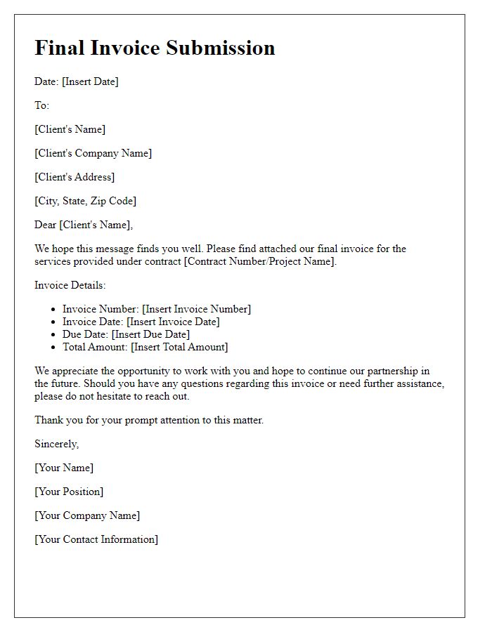 Letter template of final invoice submission for contractor.