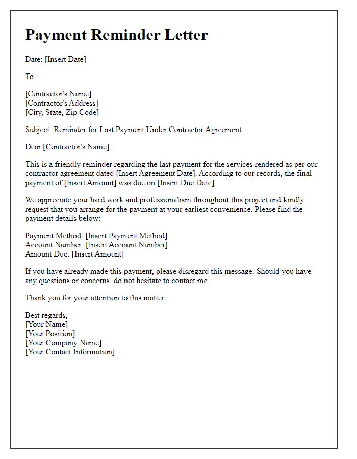 Letter template of last payment reminder for contractor agreement.