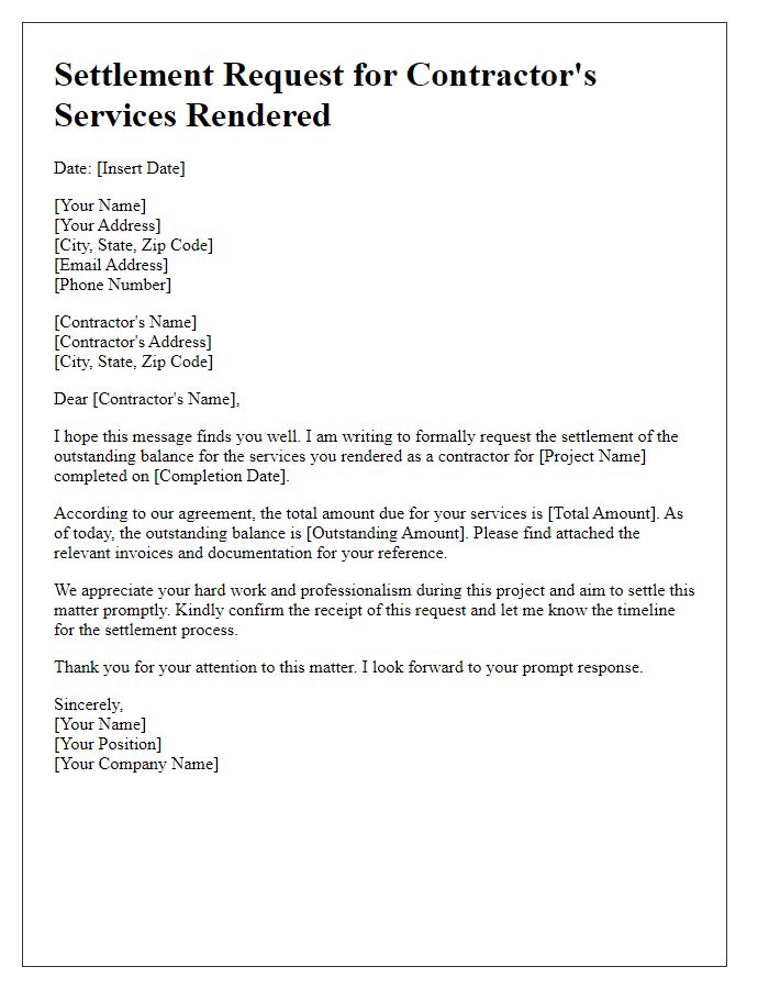 Letter template of settlement request for contractor's services rendered.