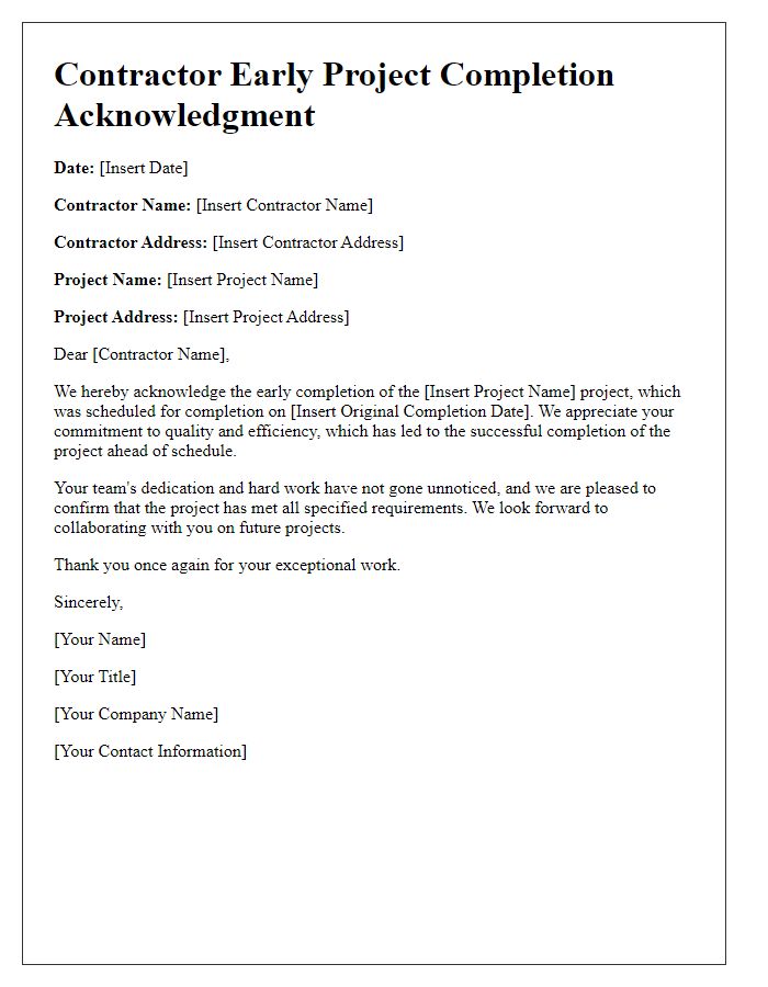 Letter template of contractor early project completion acknowledgment