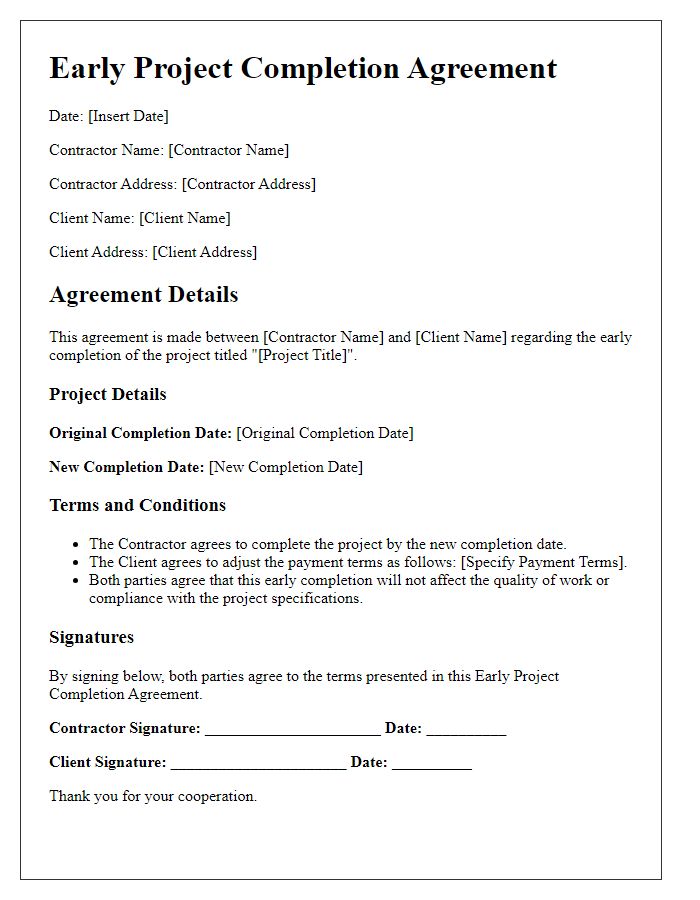 Letter template of contractor early project completion agreement