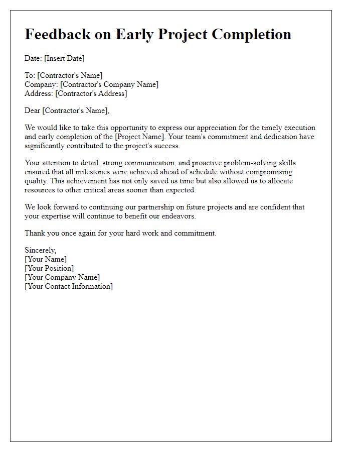 Letter template of contractor early project completion feedback