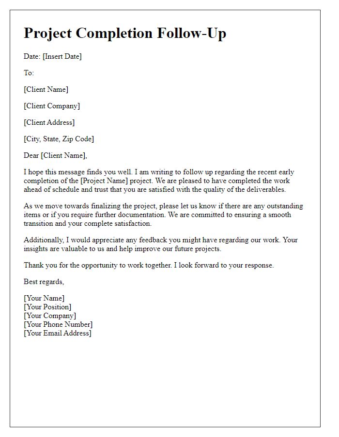 Letter template of contractor early project completion follow-up