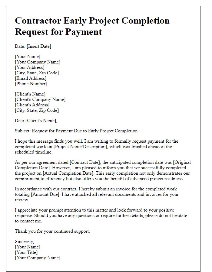 Letter template of contractor early project completion request for payment