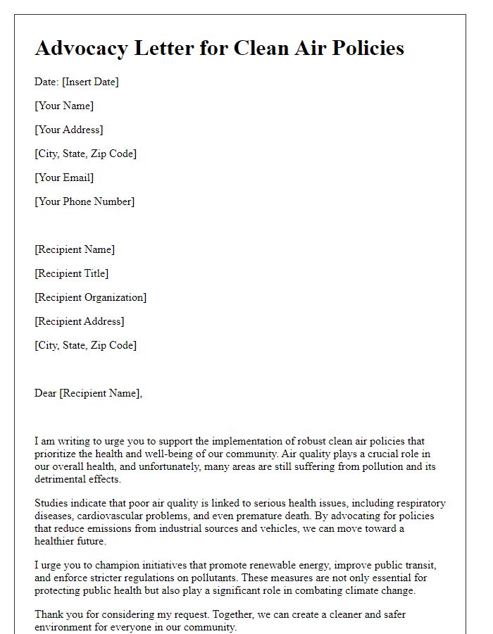 Letter template of advocacy for clean air policies