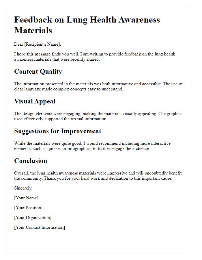 Letter template of feedback for lung health awareness materials